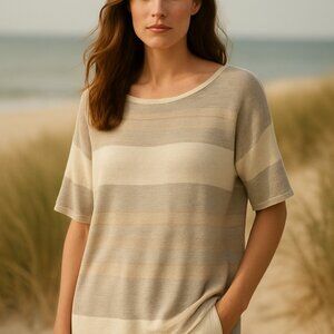 Takara Striped Short Sleeve Sweater Blouse XL Gray Beige Gold Chic